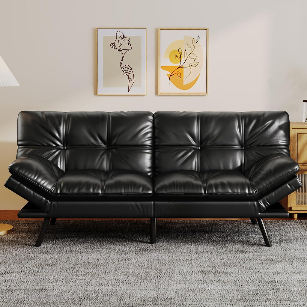 Black Faux Leather Futon Sofa Bed, Memory Foam Futon Couch with Convertible Backrests & Armrests, Small Splitback Loveseat Sofa for Living Room, Home Office, Apartment