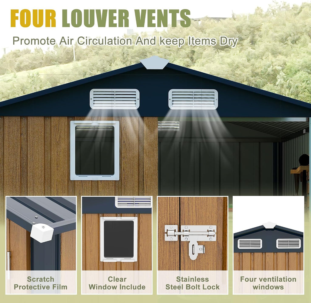 6x8 FT Outdoor Metal Storage Shed with Lockable Door, Steel Garden Utility Shed with Vents and Window, Backyard Patio Tool Shed for Lawn Equipment, Bike, Firewood and Mower Storage, Brown