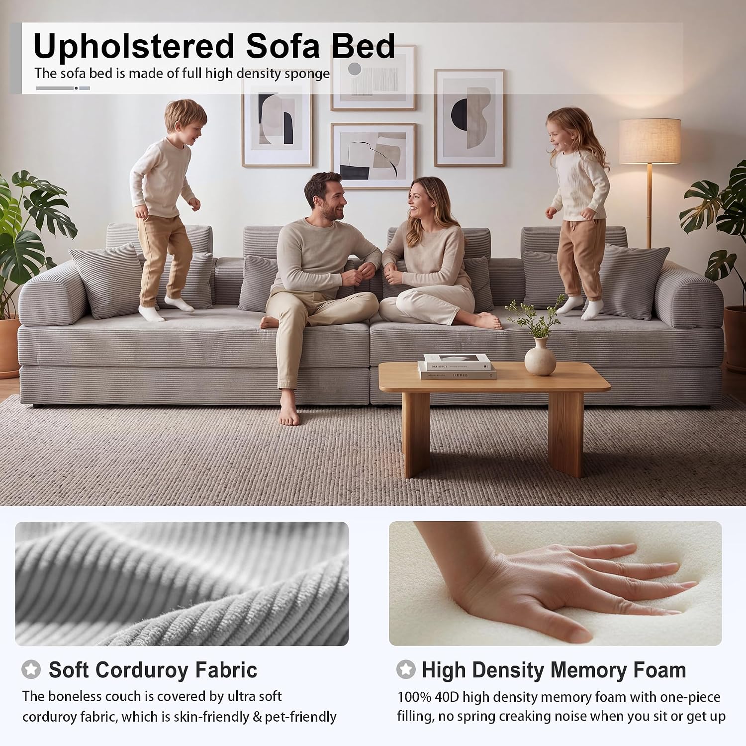 JJJ 108 inch Sofa Bed 4-in-1 Boneless Convertible Corduroy Sleeper Folding L Shaped Couch with Fixed-Shape Frame No Assemble Required 3 Seater Upholstered for Living Room (Light Grey, 108 inch)