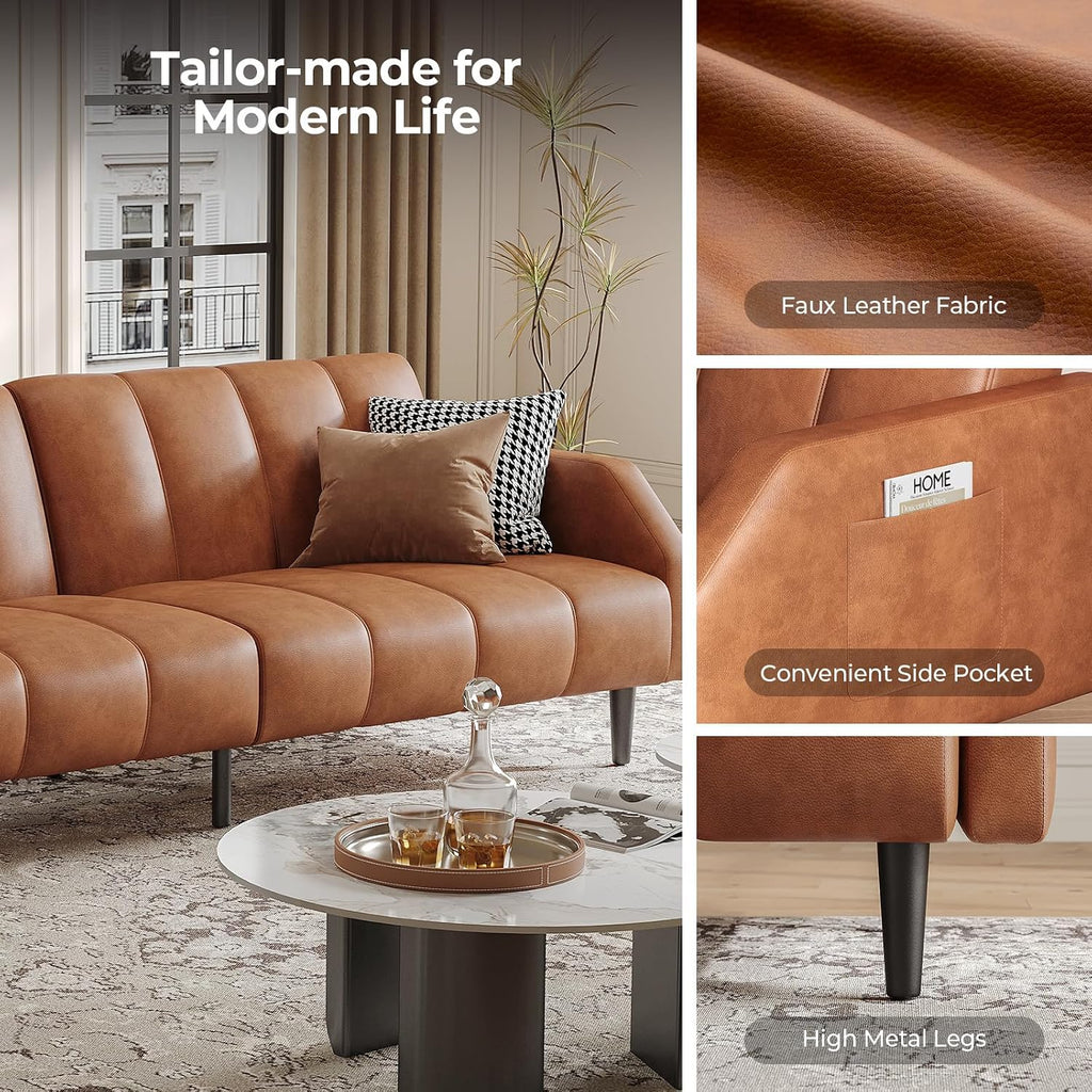 Fadware Faux Leather Couch, Convertible Futon Sofa Bed with Adjustable Backrest, Mid Century Leather Sofa Loveseat with Side Pockets& Metal Leg, Modern Leather Sleeper Sofa for Living Room Bedroom