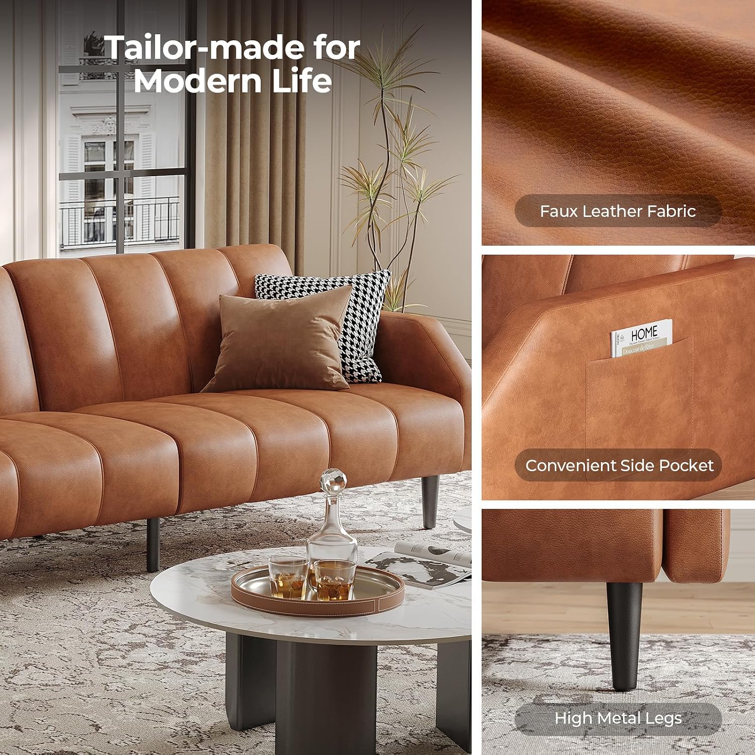 Fadware Faux Leather Couch, Convertible Futon Sofa Bed with Adjustable Backrest, Mid Century Leather Sofa Loveseat with Side Pockets& Metal Leg, Modern Leather Sleeper Sofa for Living Room Bedroom