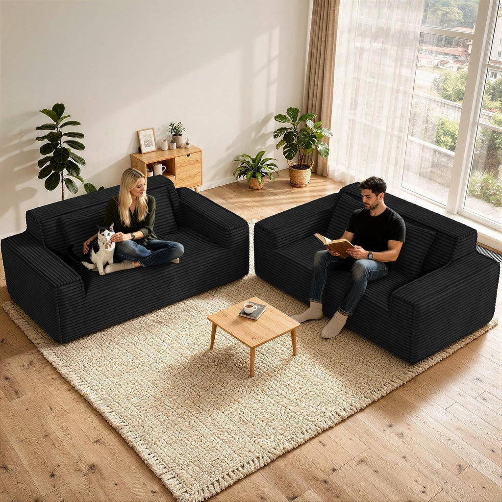 75'' Modern Cloud Loveseat Sofa Set of 2, No Assembly Required Comfy Deep Seat Couches 2 pcs for Living Room, Bedroom, Apartment (Corduroy-Black)