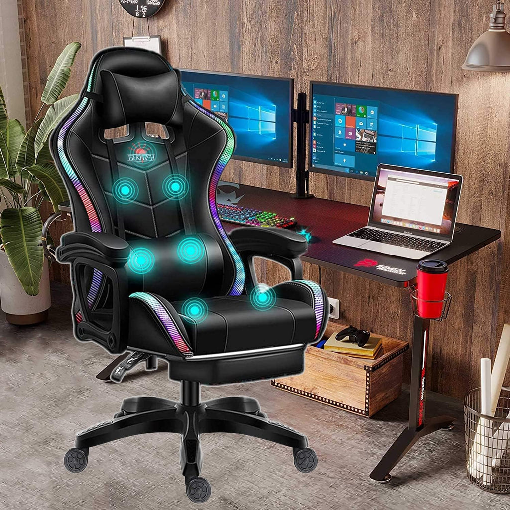 Massage Gaming Chair with Footrest and LED Lights, Video Game Chair with Speakers, Adjustable Height and Armrest, PU Leather, Ergonomic Office Computer Chair for Adults and Teens,Black