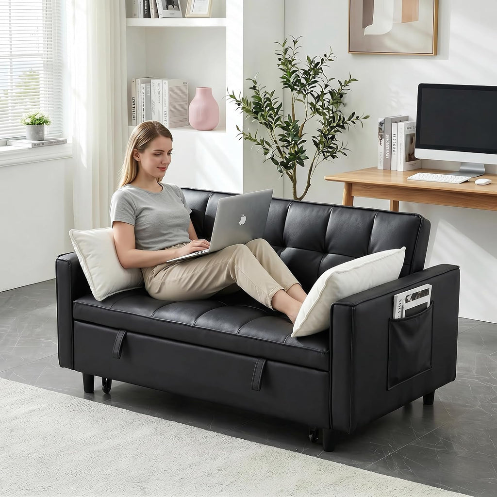 3 in 1 Convertible Sofa Bed, Loveseat Sleeper Sofa with Large Side Pockets, Pull Out Couch with Adjustable Backrest, Easy Assembly, PU Couch Bed for Small Spaces, Apartment, Black