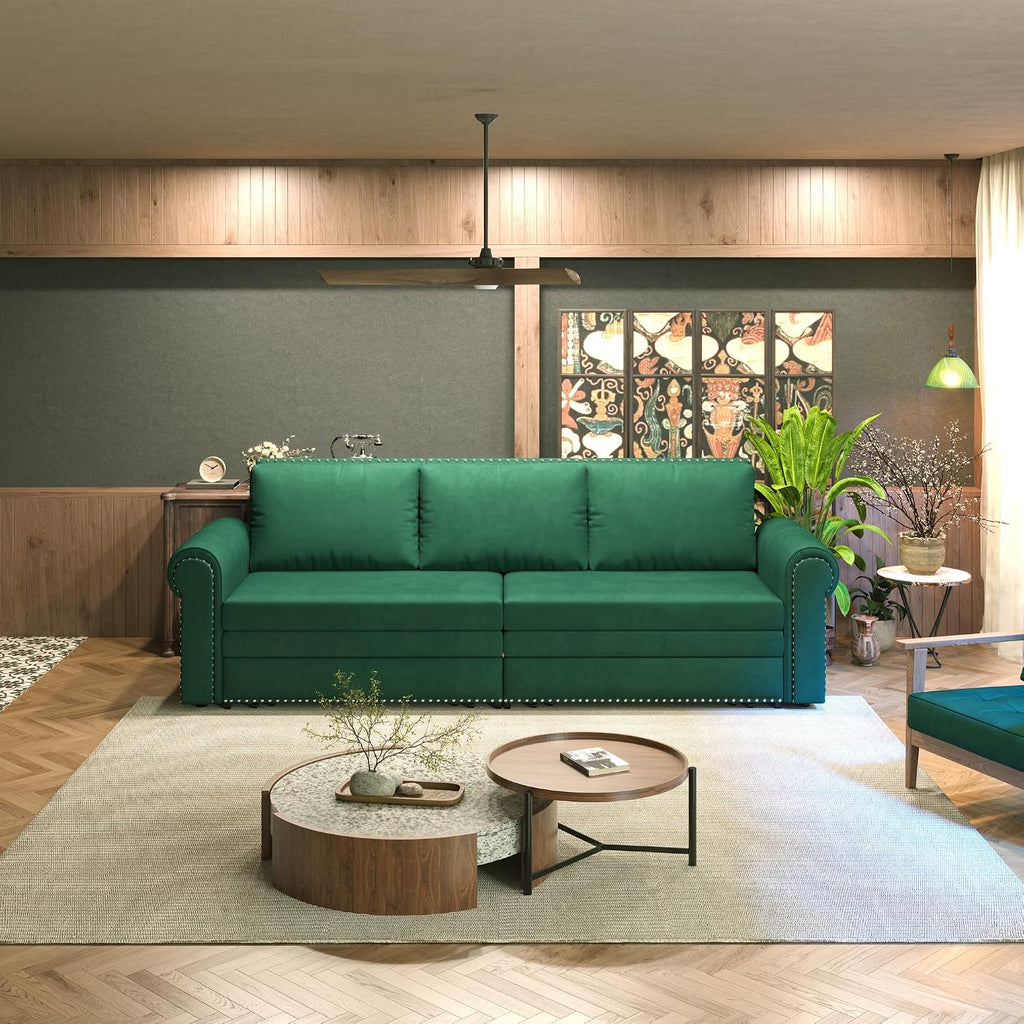 93.7' King Pull Out Sofa Bed, Velvet Sleeper Sofa Couch, 3 in 1 Convertible Futon Couches for Living Room, Small Space, Apartment, Office, Bedroom, Modern Rivet Armrest, Green
