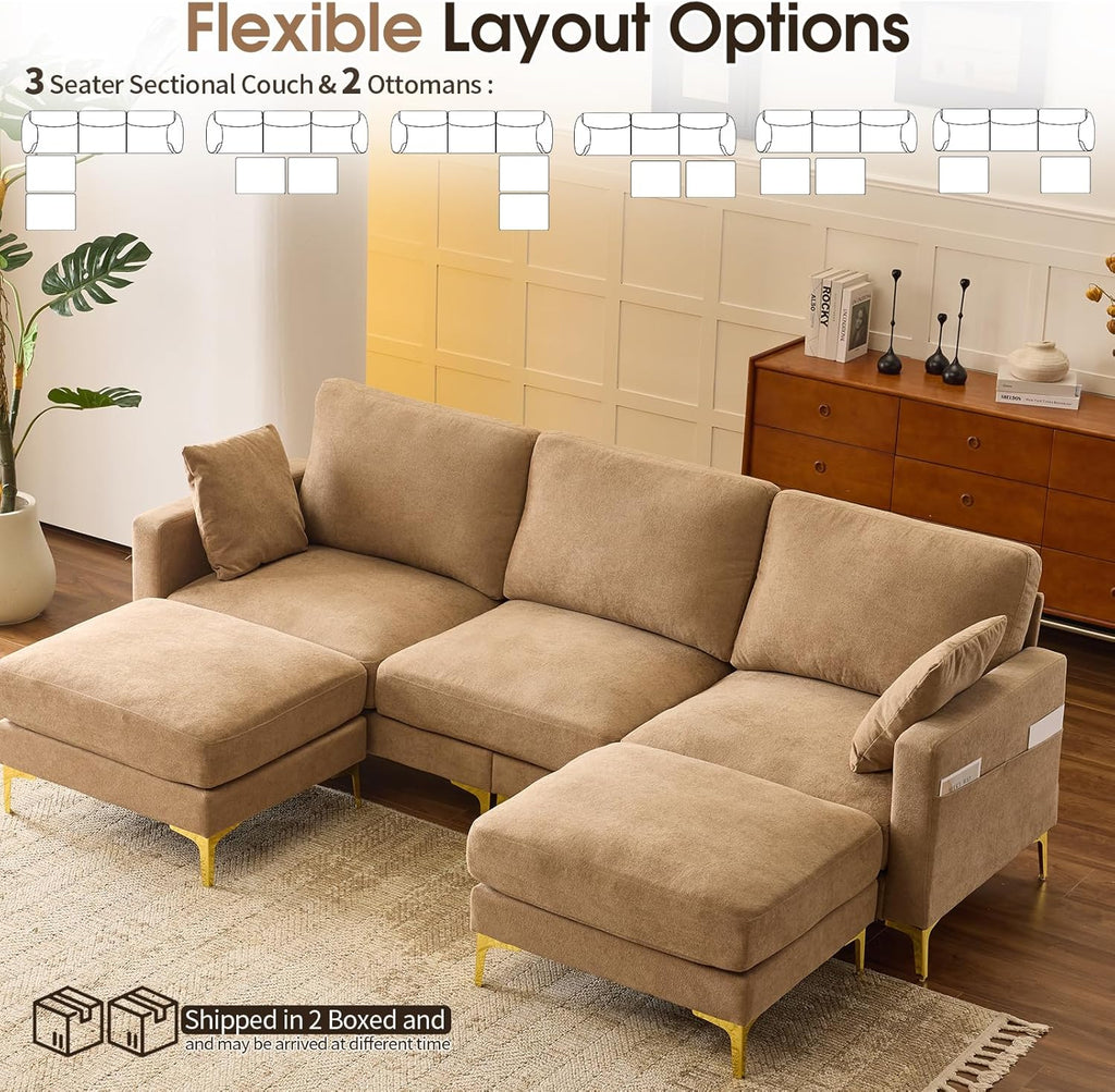 VINGLI 100' W U Shaped Couch with Ottoman, 22' Deep Seat Comfortable Sectional Couches for Living Room, 3 Seater Chenille Fabric Cloud Sofa for Apartment, Small Spaces, Bedroom, Khaki
