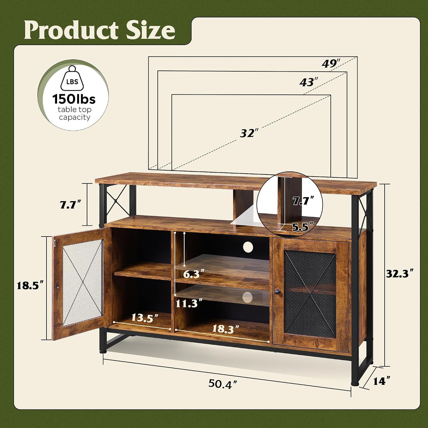 WLIVE TV Stand 55 inch TV, Tall Entertainment Center with Storage, Farmhouse Industrial TV Console for Bedroom Living Room, Rustic Brown