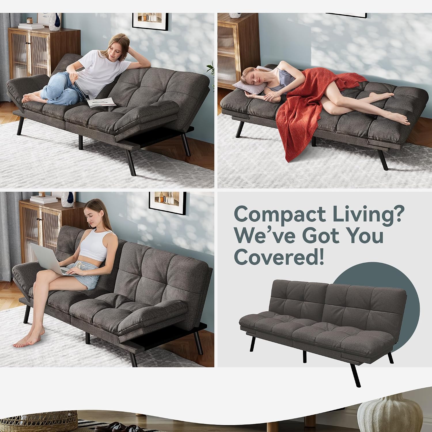 Vyfipt Convertible Futon Sofa Bed, Grey Linen Futon Couch with Adjustable Backrest & Armrests, Folding Small Recliner Sleeper Sofa Bed for Living Room, Apartment, Office