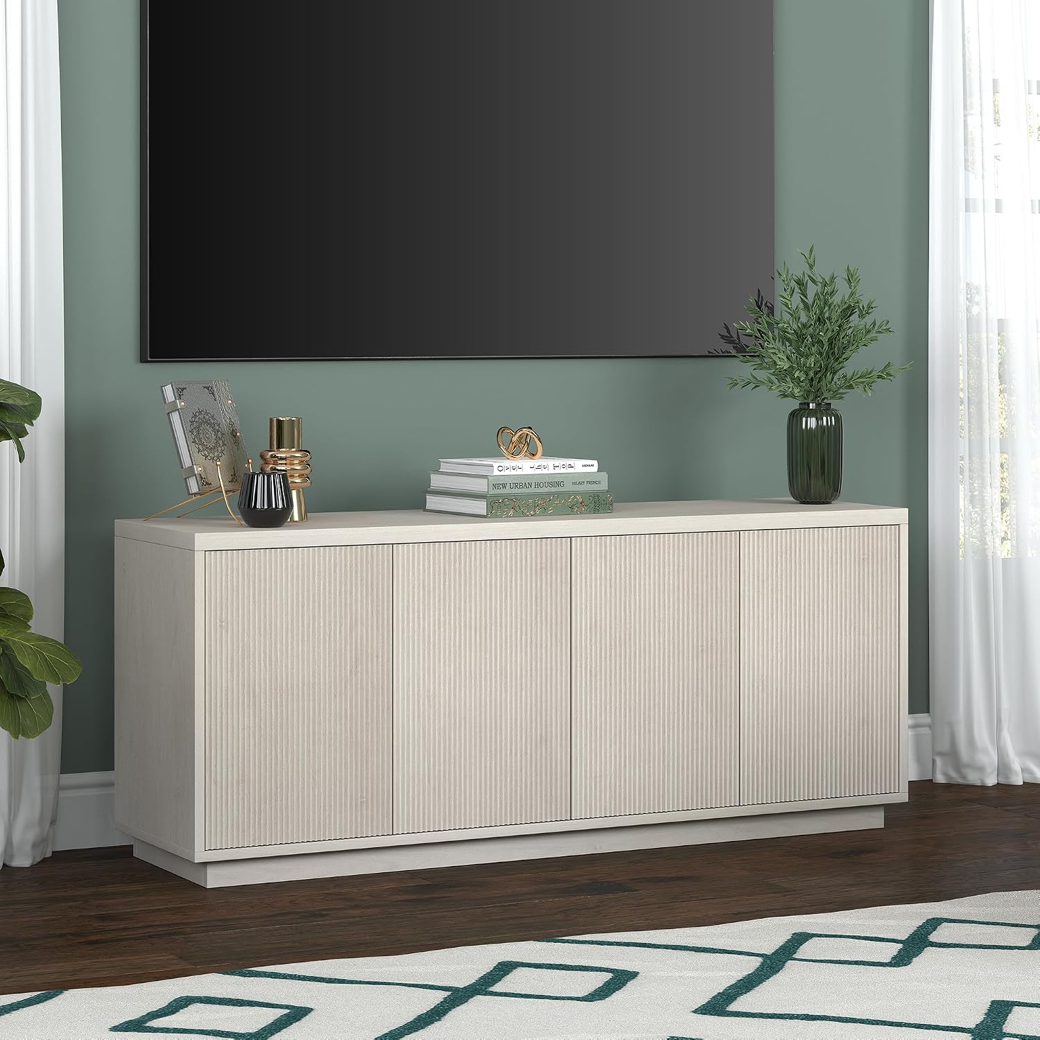 Henn&Hart Fluted TV Stand for TVs up to 65' with 2 Concealed Ribbed Storage Cabinets and Adjustable Shelves for Living Room, Family Room, or Office, Beech White