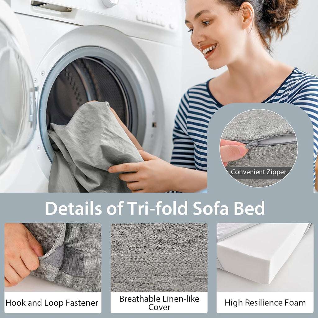 Giantex 6 Inch Folding Sofa Bed Couch with Pillow, Tri-fold Mattress with High-Density Foam, Foldable Floor Couch with Headrest, Portable Guest Bed with Zippered & Washable Cover, Grey