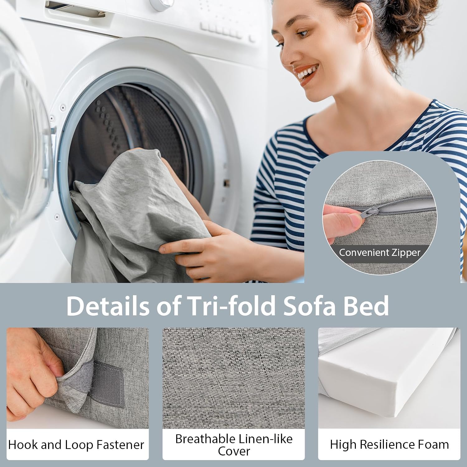 Giantex 6 Inch Folding Sofa Bed Couch with Pillow, Tri-fold Mattress with High-Density Foam, Foldable Floor Couch with Headrest, Portable Guest Bed with Zippered & Washable Cover, Grey