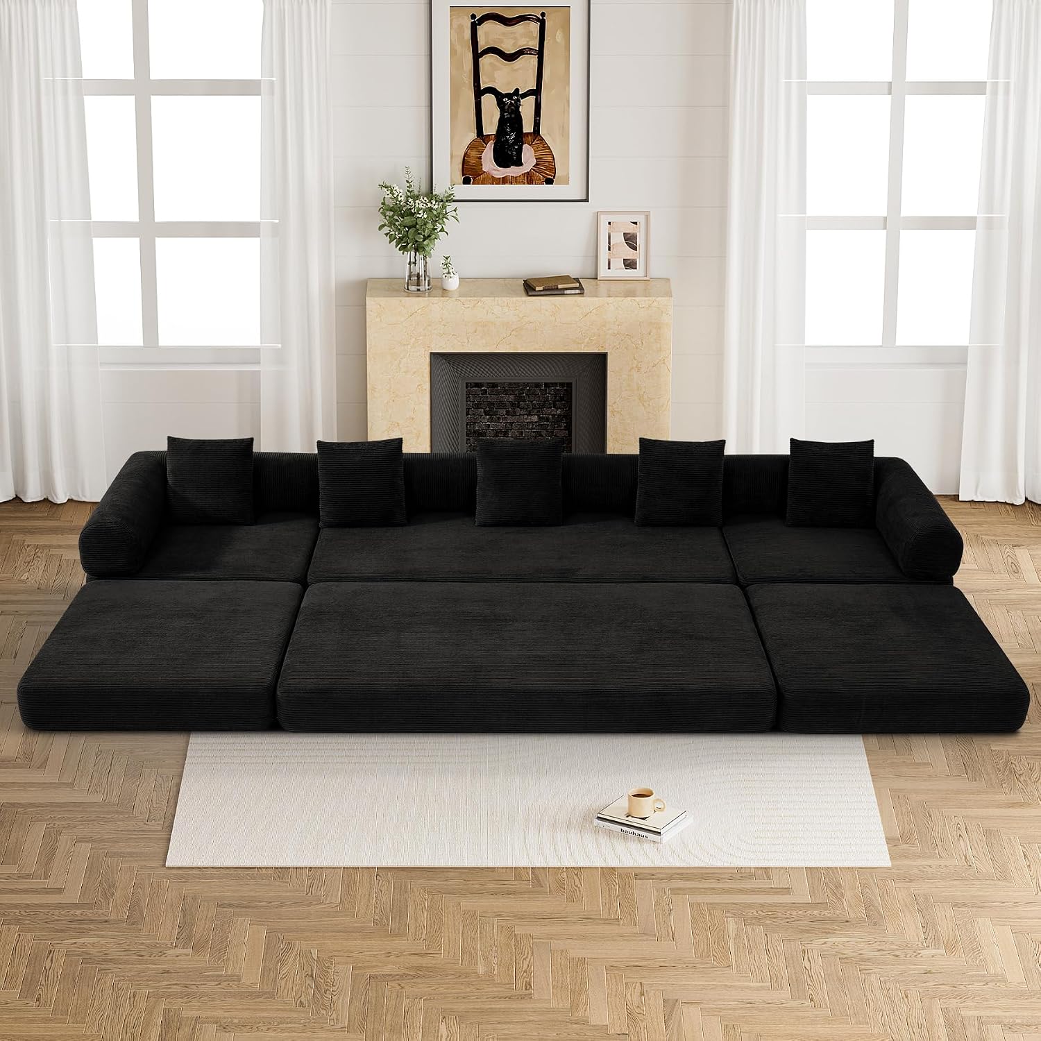 DAMAIFROM Convertible Sleeper Sofa Bed with Cylindrical Pillow,Corduroy Folding Mattress Couch with Fixed-Shape Frame,Modular Floor Sofa Lounge Couch for Living Room Bedroom Lounge,158.6',Black