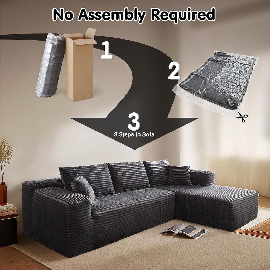 ovios 104' Cloud Boneless Couch with L-Shape Chaise,Modern Sectional Modular Sofa with Deep Seat, Upholstered Couches for Living Room Bedroom,No Assembly Required, Grey (Plush Corduroy Fabric)