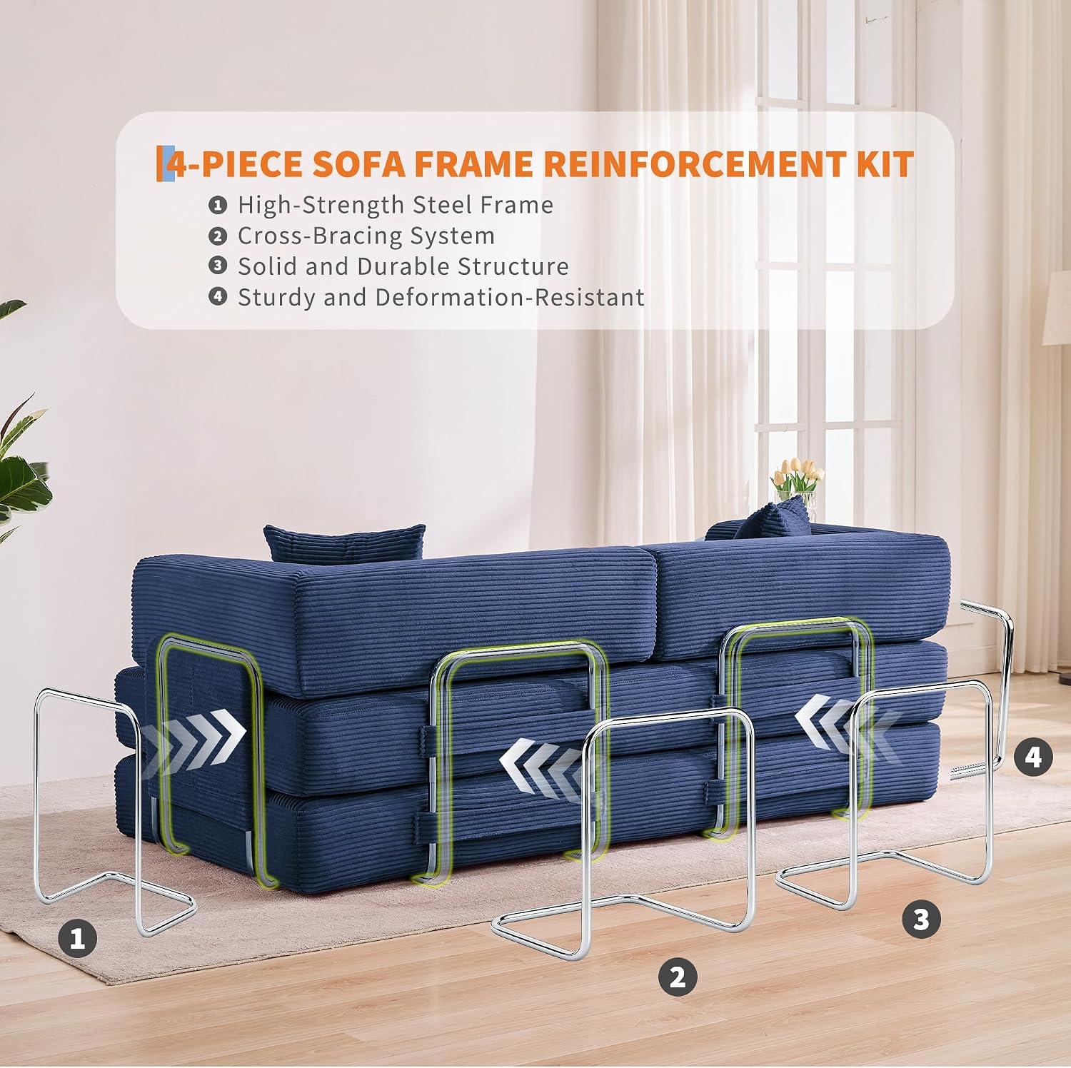 Garvee 5-in-1 Convertible Sofa Bed, 78.8' Modular Corduroy Sleeper with Sturdy Frame & No Assembly, Multi-Functional Futon for Small Space, Living Room & Guest Room (Blue)