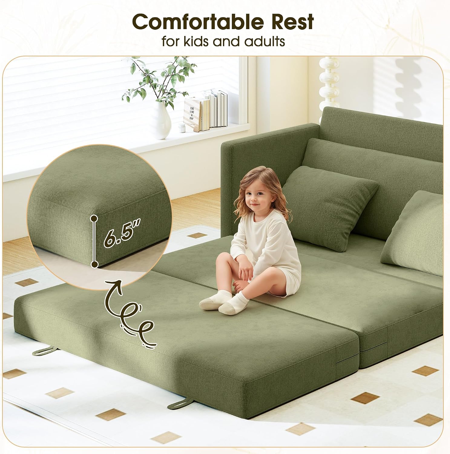 65' Convertible Loveseat Sleeper Sofa Bed, 2 in1 Folding Sofa Bed, Loveseat Sofa for Small Spaces, Fold Out Floor Couch with 2 Pillows for Apartment, Office & Guest Room (Green Chenille, 65 inch)