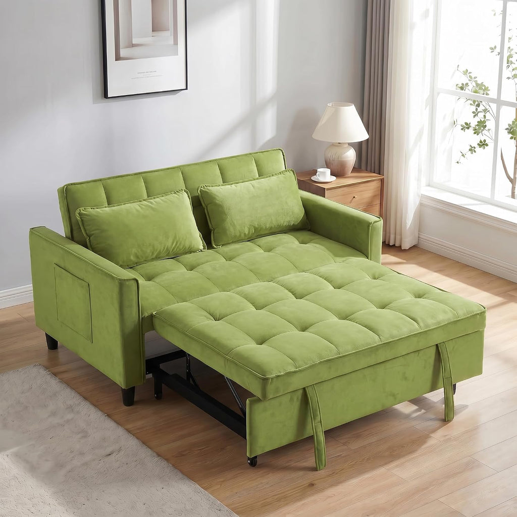 3 in 1 Convertible Sofa Bed, Loveseat Sleeper Sofa with Large Side Pockets, Pull Out Couch with Adjustable Backrest, Easy Assembly, Velvet Couch Bed for Small Spaces, Apartment, Green
