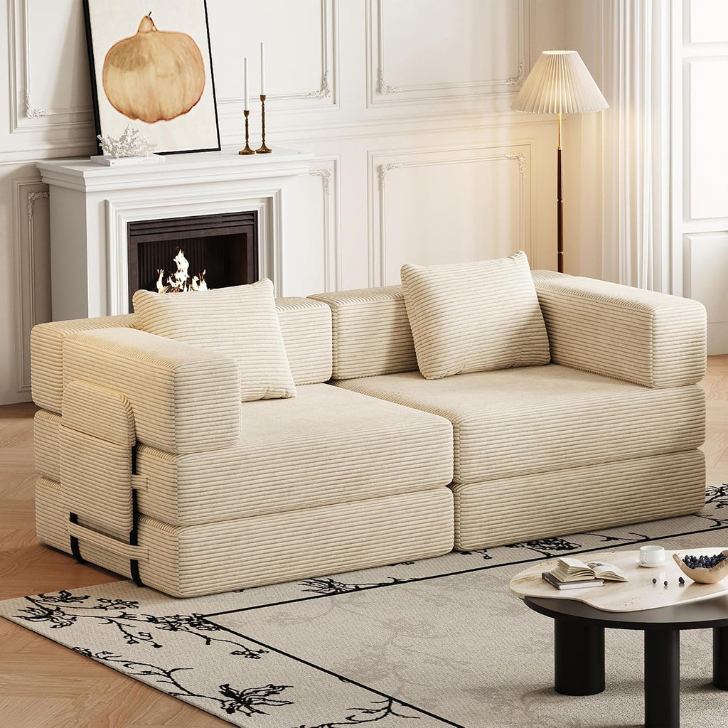 4-in-1 Convertible Folding Sofa Bed, 72' Oversized Corduroy Upholstered Boneless Couch, Loveseat Sleeper Sofa Bed, Floor Sofabed Modular Futon Couch for Living Room Bedroom Lounge (Beige, 72')