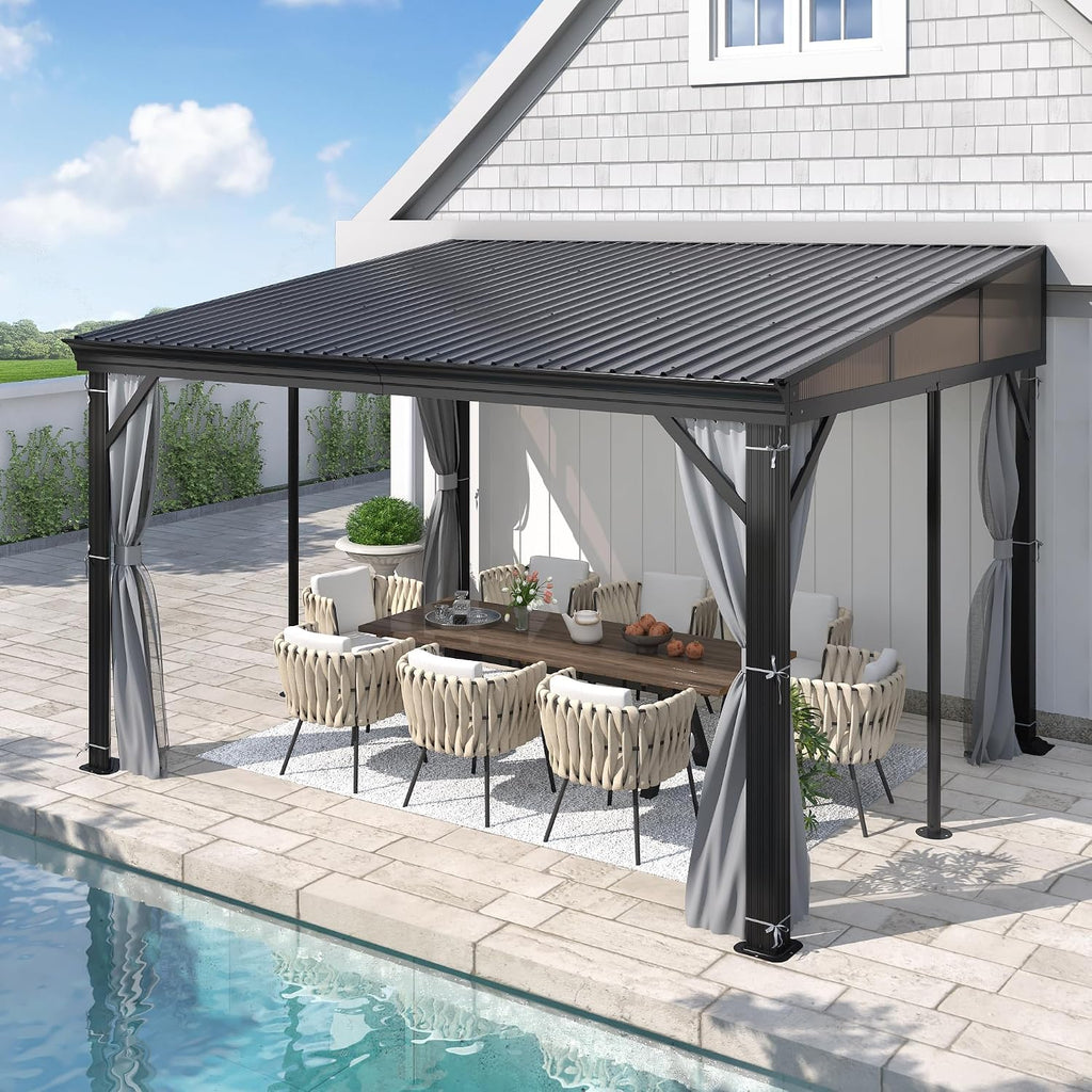 GARTOO 10' x 12' Lean-to Hardtop Gazebo for Patio - Outdoor Wall-Mounted Canopy Awnings，Aluminum Frame Gazebos Pergola with Sloping Metal Roof for Lawn, Patio, Garden, Backyard Deck