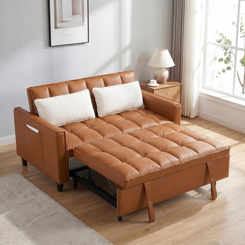 3 in 1 Convertible Sofa Bed, Loveseat Sleeper Sofa with Large Side Pockets, Pull Out Couch with Adjustable Backrest, Easy Assembly, PU Couch Bed for Small Spaces, Apartment, Brown