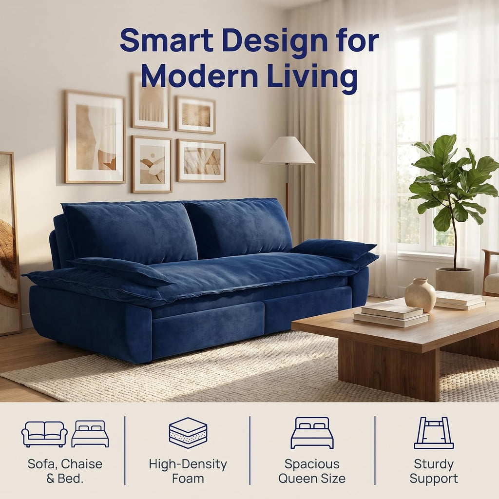 73.2' Sofa Bed Queen, 3-in-1 Pull Out Sofa Bed with Pillow Armrest, Modern Velvet Convertible Sleeper Futon Sofa for Living Room Small Space, Apartment, Bedroom, Blue
