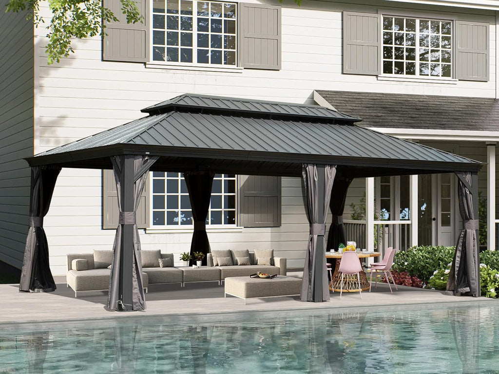 14x20 Hardtop Gazebo Outdoor: Galvanized Steel Double Roof Aluminum Frame - Removable Curtains Netting for Patio Deck Garden Backyard Gardening Enthusiasts