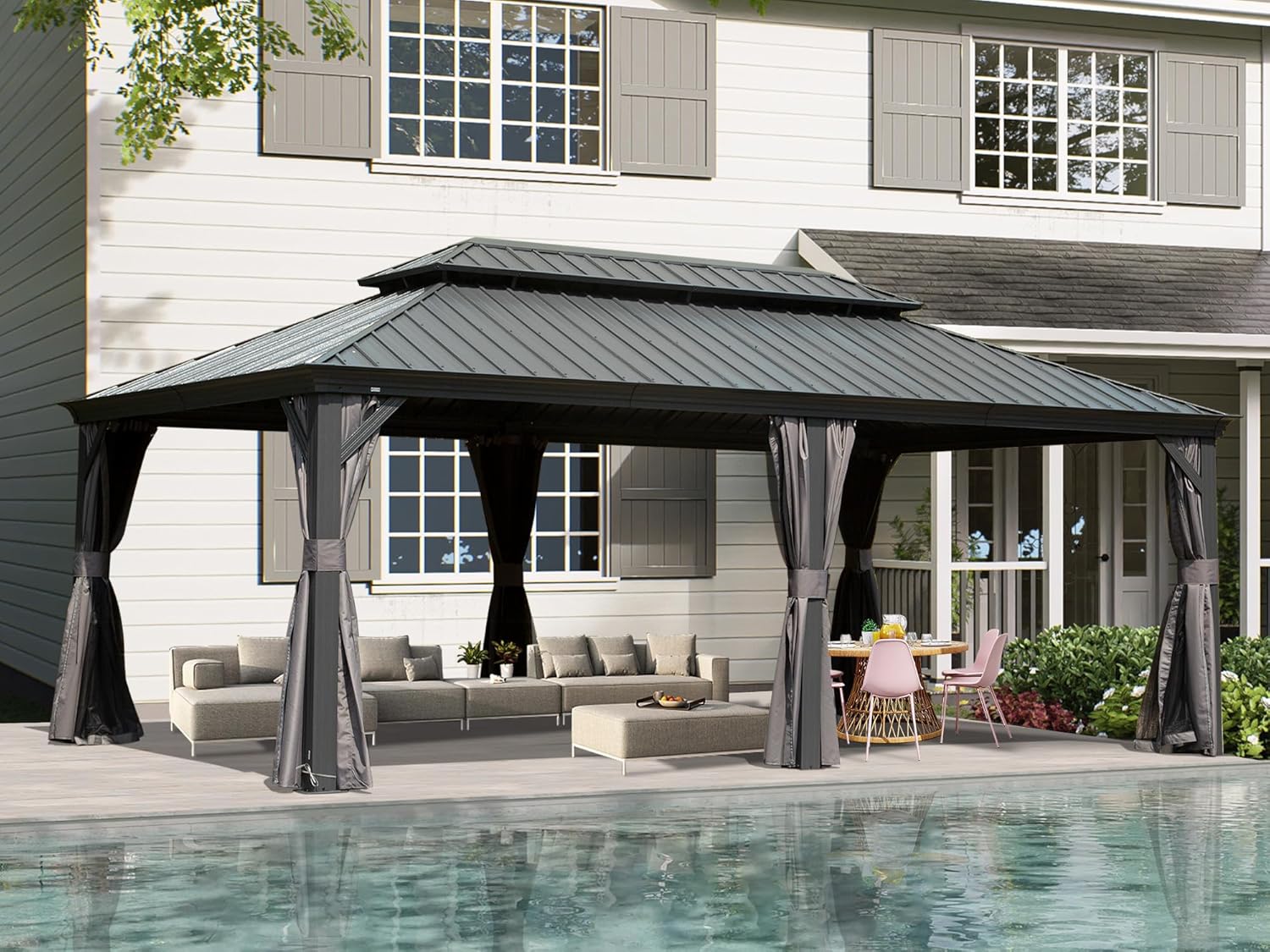 14x20 Hardtop Gazebo Outdoor: Galvanized Steel Double Roof Aluminum Frame - Removable Curtains Netting for Patio Deck Garden Backyard Gardening Enthusiasts