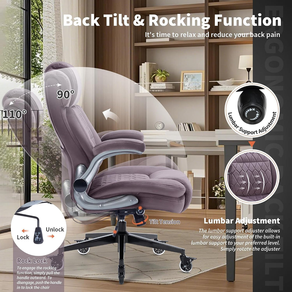 Office Chair with Locking Wheels, Ergonomic High Back Fabric Desk Chair with Adjustable Lumbar Support, Flip-Up Arms, Thick Padded Seat, 400lbs Heavy Duty for Home Office Adults