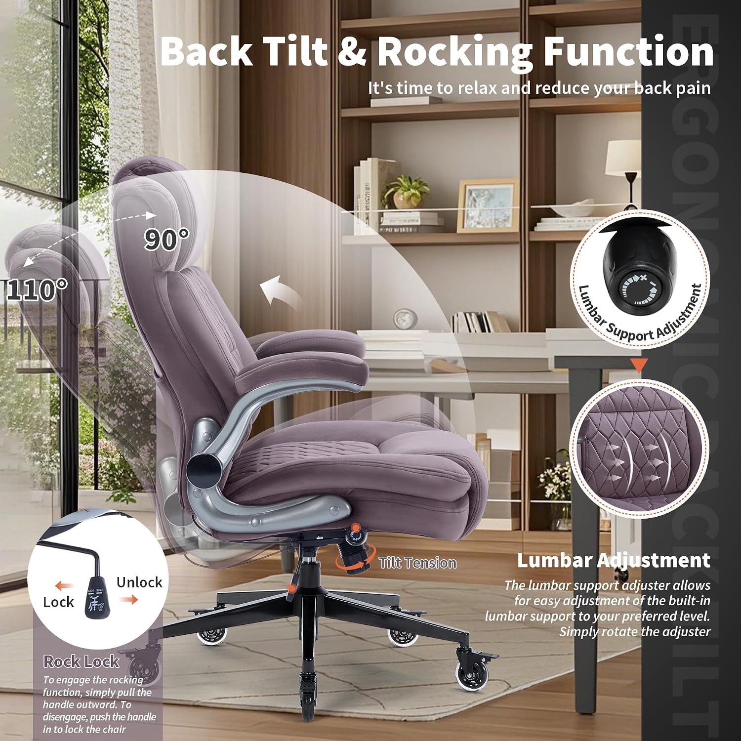 Office Chair with Locking Wheels, Ergonomic High Back Fabric Desk Chair with Adjustable Lumbar Support, Flip-Up Arms, Thick Padded Seat, 400lbs Heavy Duty for Home Office Adults