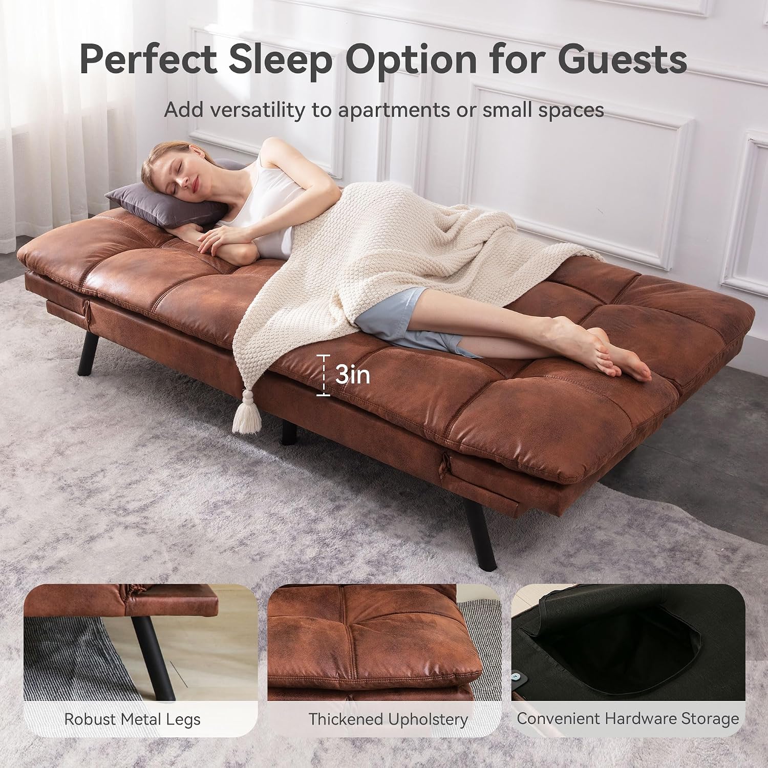Convertible Futon Sofa Bed,71' Modern Premium Faux Leather Futon Couch with Adjustable Backrest&Armrest,Small Loveseat Sleeper Sofa,Dorm Futonsofa for Apartment,Living Room,Whisky Brown