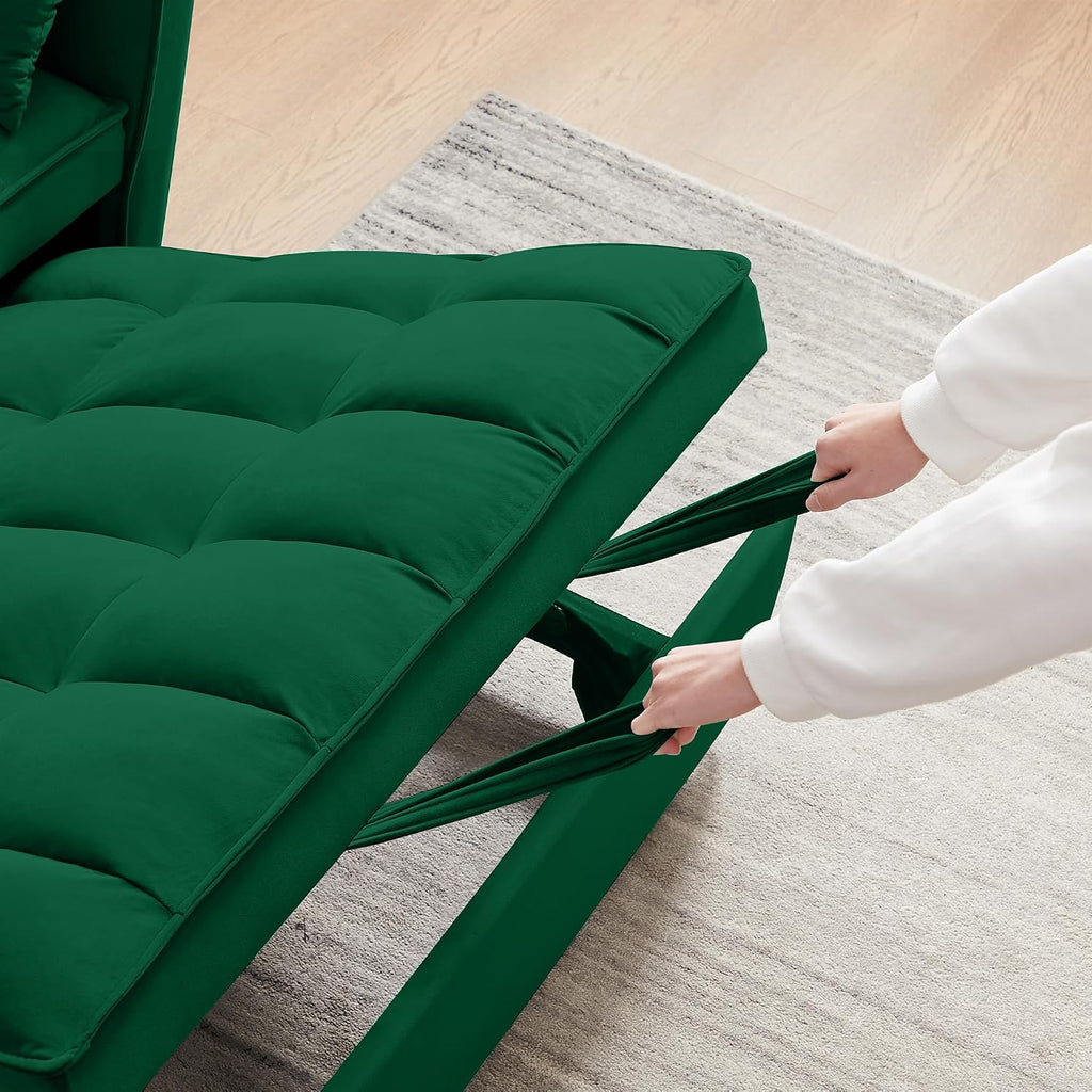 Oversized 3-in-1 Convertible Sleeper Sofa Bed, Futon Couch with Pullout Bed, 2-Seater Loveseat Sofa w/Pockets, Adjustable Backrest and Pillows for Living Room Apartment (Green-55inch)