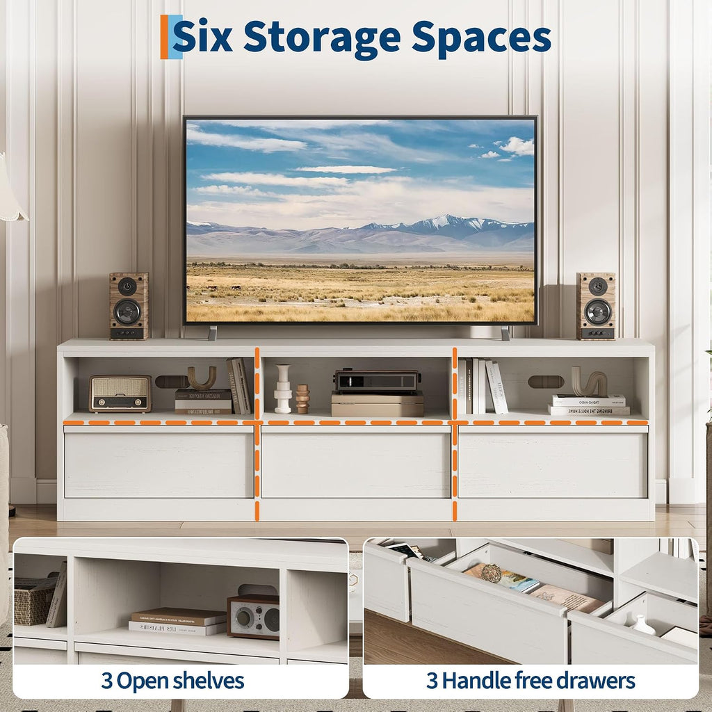 IDEALHOUSE 70 inch TV Stand for 80' TVs, Mid Century Modern Entertainment Center with Storage Drawer & Open Shelves, Wood Media Console Cabinet for Living Room/Bedroom, White