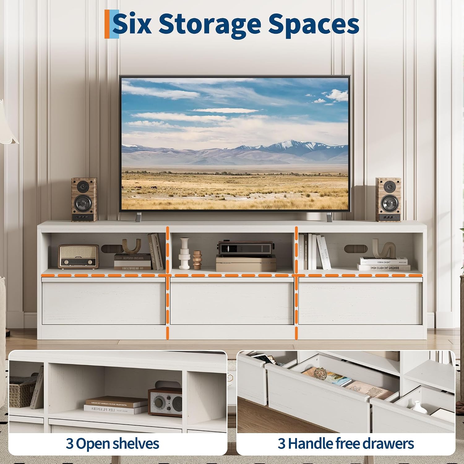 IDEALHOUSE 70 inch TV Stand for 80' TVs, Mid Century Modern Entertainment Center with Storage Drawer & Open Shelves, Wood Media Console Cabinet for Living Room/Bedroom, White