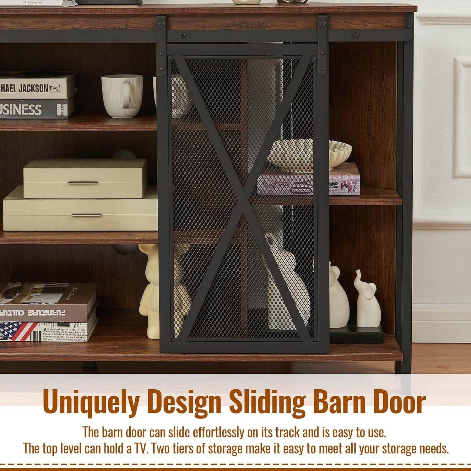 HOMISSUE Corner TV Stand for 55 Inch TV, Rustic Corner Entertainment Center with Storage, Industrial Media Console Table with Sliding Barn Door, Tall TV Cabinets Center for Living Room, Brown