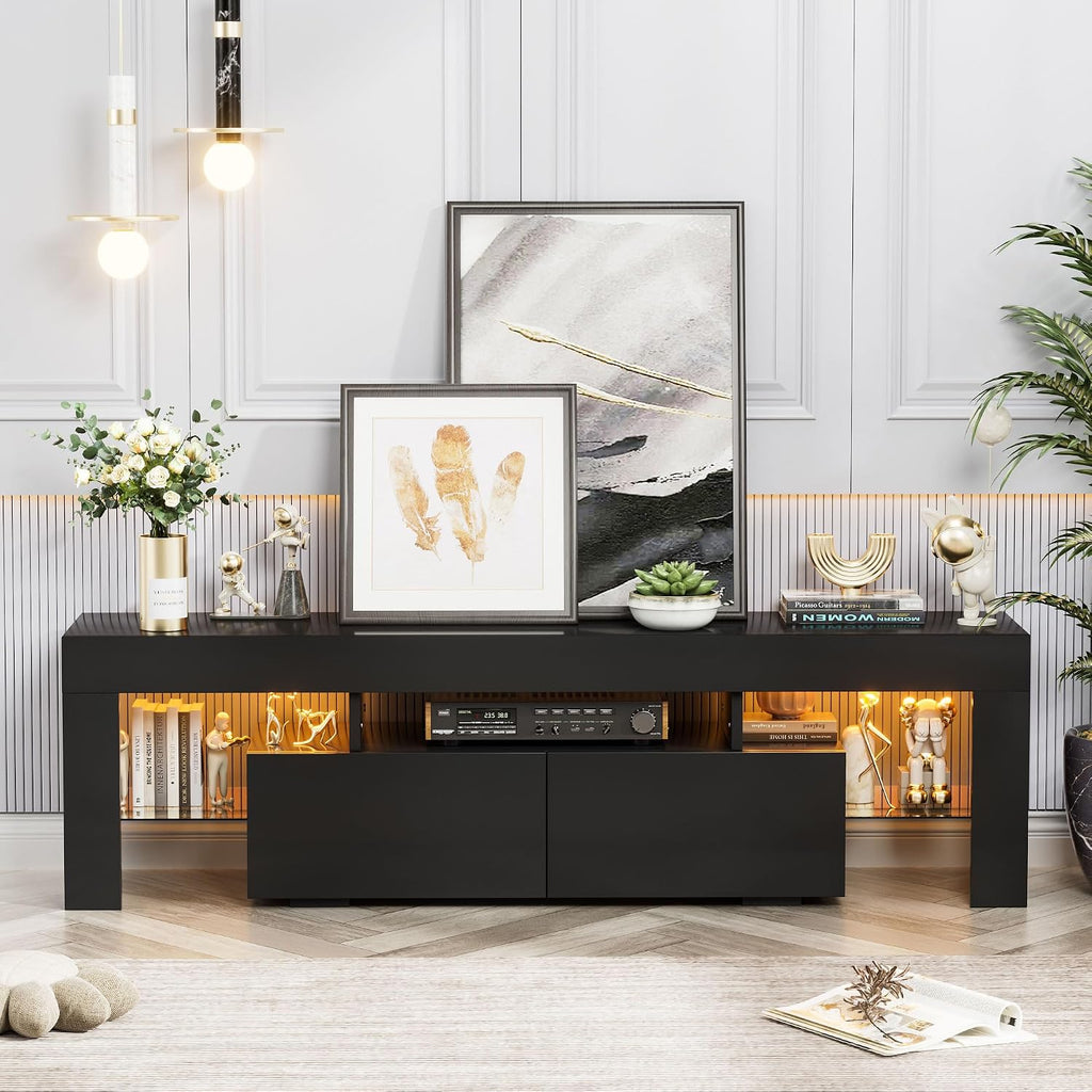 YESHOMY Modern Black LED TV Stand for Televisions up to 70 Inch with Glass Shelves and Drawer, Gaming Entertainment Center with Multiple Dynamic RGB Modes, for Livingroom, Bedroom, 60 Inch, Black
