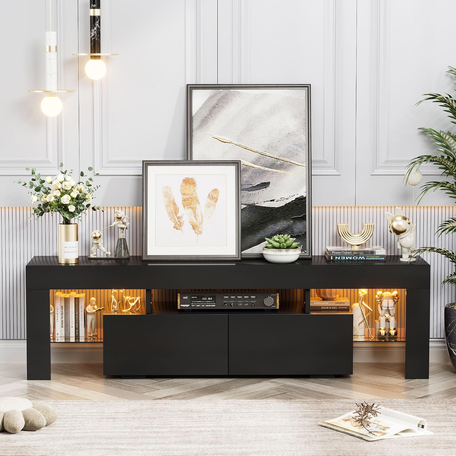 YESHOMY Modern Black LED TV Stand for Televisions up to 70 Inch with Glass Shelves and Drawer, Gaming Entertainment Center with Multiple Dynamic RGB Modes, for Livingroom, Bedroom, 60 Inch, Black