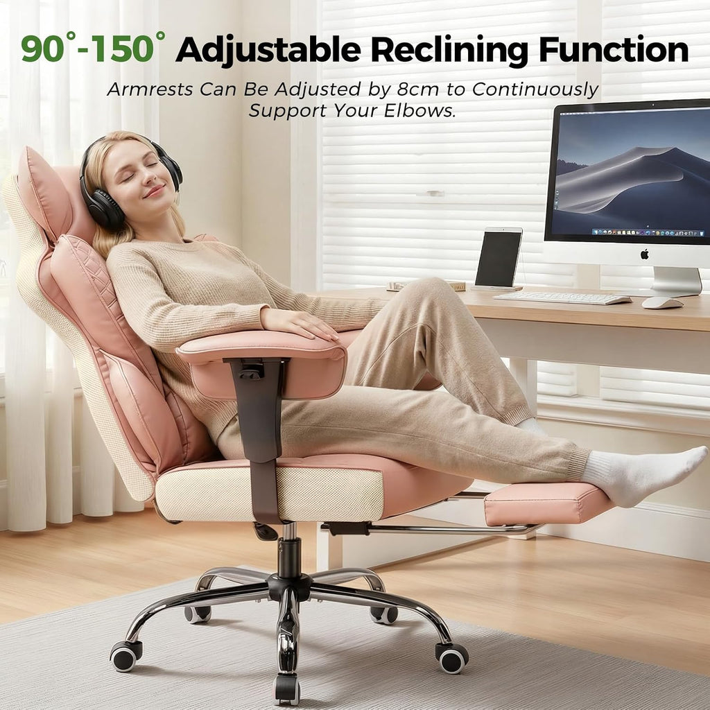 GTPOFFICE Big and Tall Office Chair 400LBS Wide Seat Computer Gaming Chair with Footrest & Comfy Lumbar Support, Leather High Back Executive Chair with Ergonomic Pressure Relief Seat Cushion, Pink