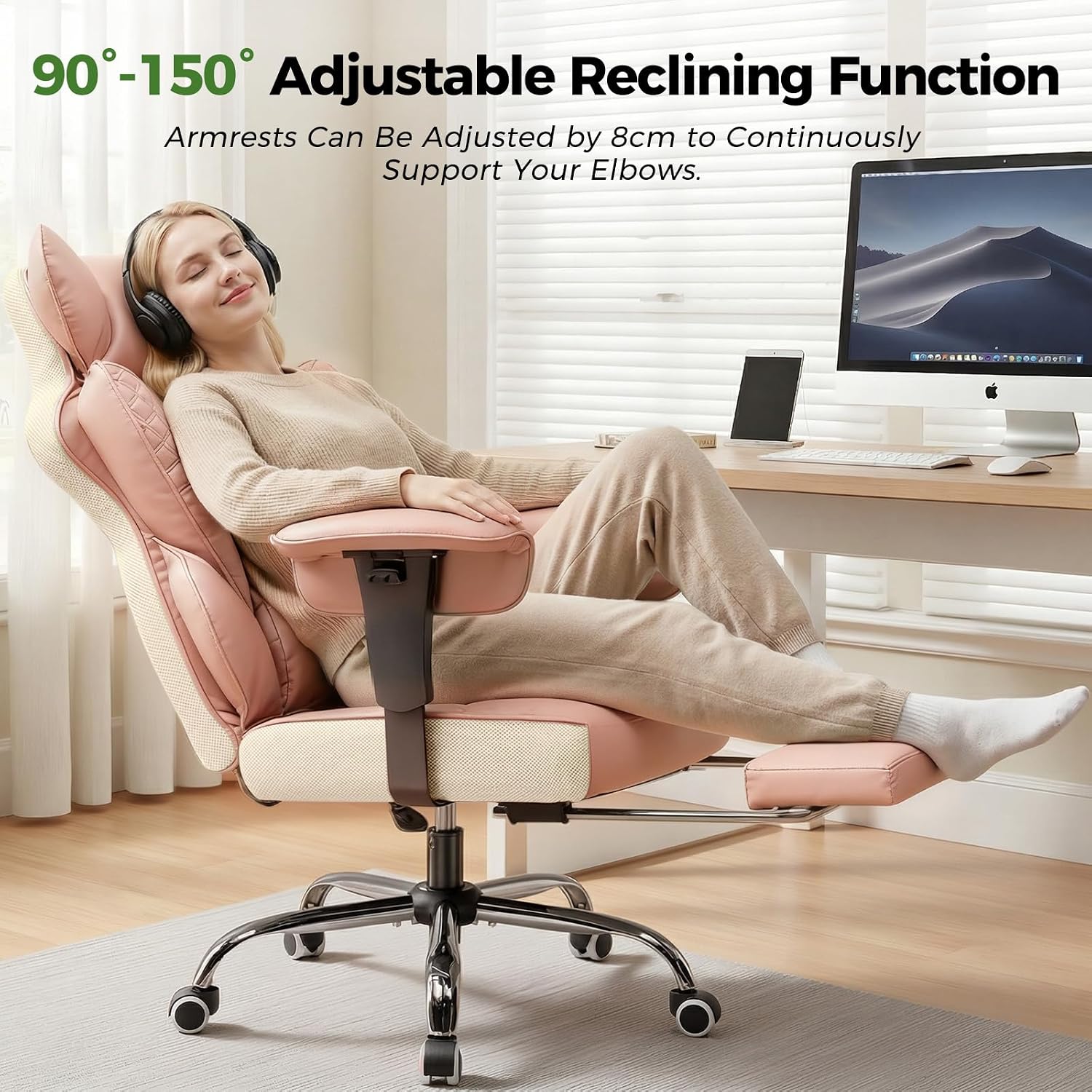 GTPOFFICE Big and Tall Office Chair 400LBS Wide Seat Computer Gaming Chair with Footrest & Comfy Lumbar Support, Leather High Back Executive Chair with Ergonomic Pressure Relief Seat Cushion, Pink