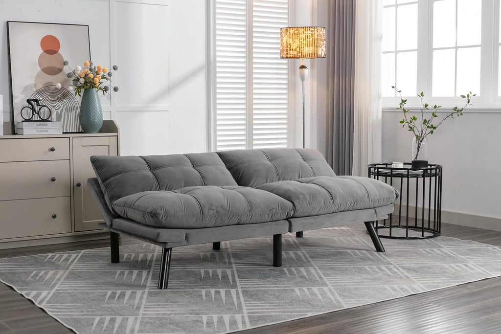 Convertible Futon Sofa Bed for Small Spaces, Modern Multi-Functional Sleeper with Adjustable Backrest, Tufted Brown Fabric Couch for Living Room, Apartment, Dorm (Light Grey)