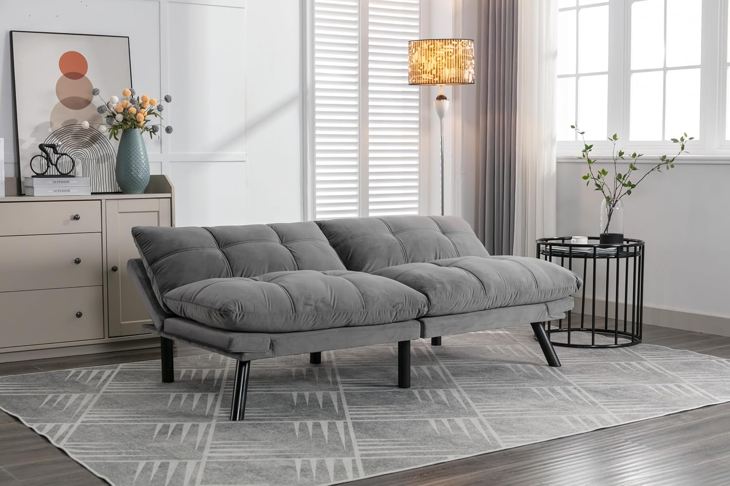 Convertible Futon Sofa Bed for Small Spaces, Modern Multi-Functional Sleeper with Adjustable Backrest, Tufted Brown Fabric Couch for Living Room, Apartment, Dorm (Light Grey)