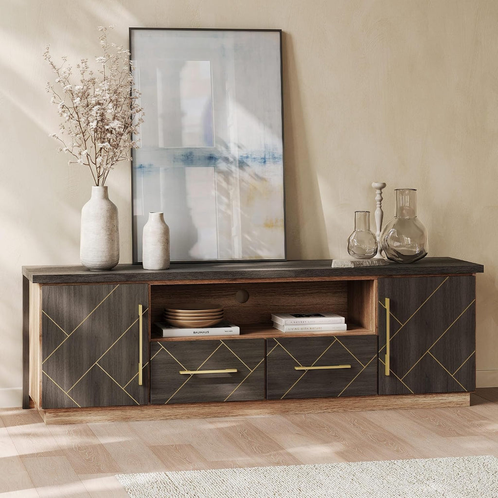 BELLEZE 70 Inch Modern TV Stand with Gold Trim, Elegant Entertainment Center with Storage, Media Console Table with Drawers & Open Shelves for Living Room (Espresso Black)