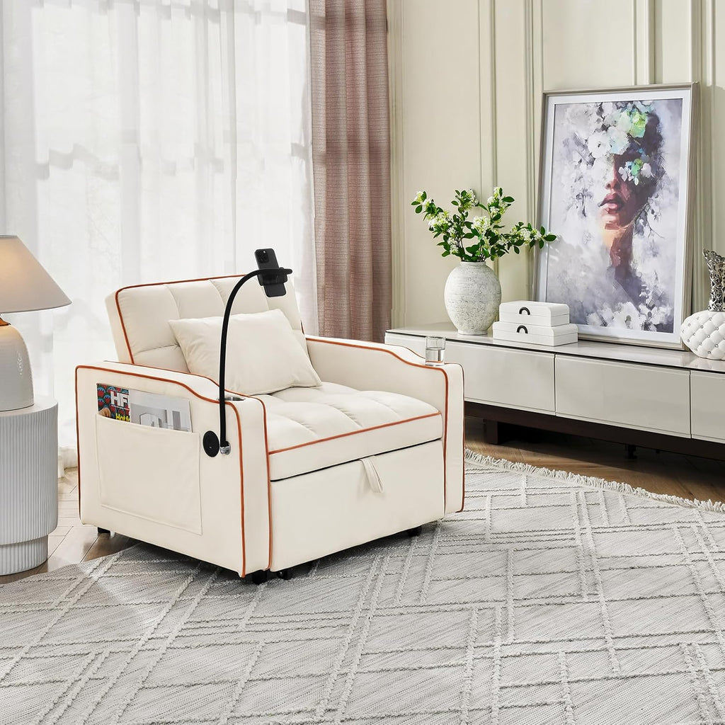 3 in 1 Convertible Sleeper Chair Bed with USB Ports, Cup Holder and Phone Stand, Velvet Pull Out Futon Sofa Beds, Adjustable Backrest Single Sofa Chair for Small Spaces, Living Room, Office (Beige)