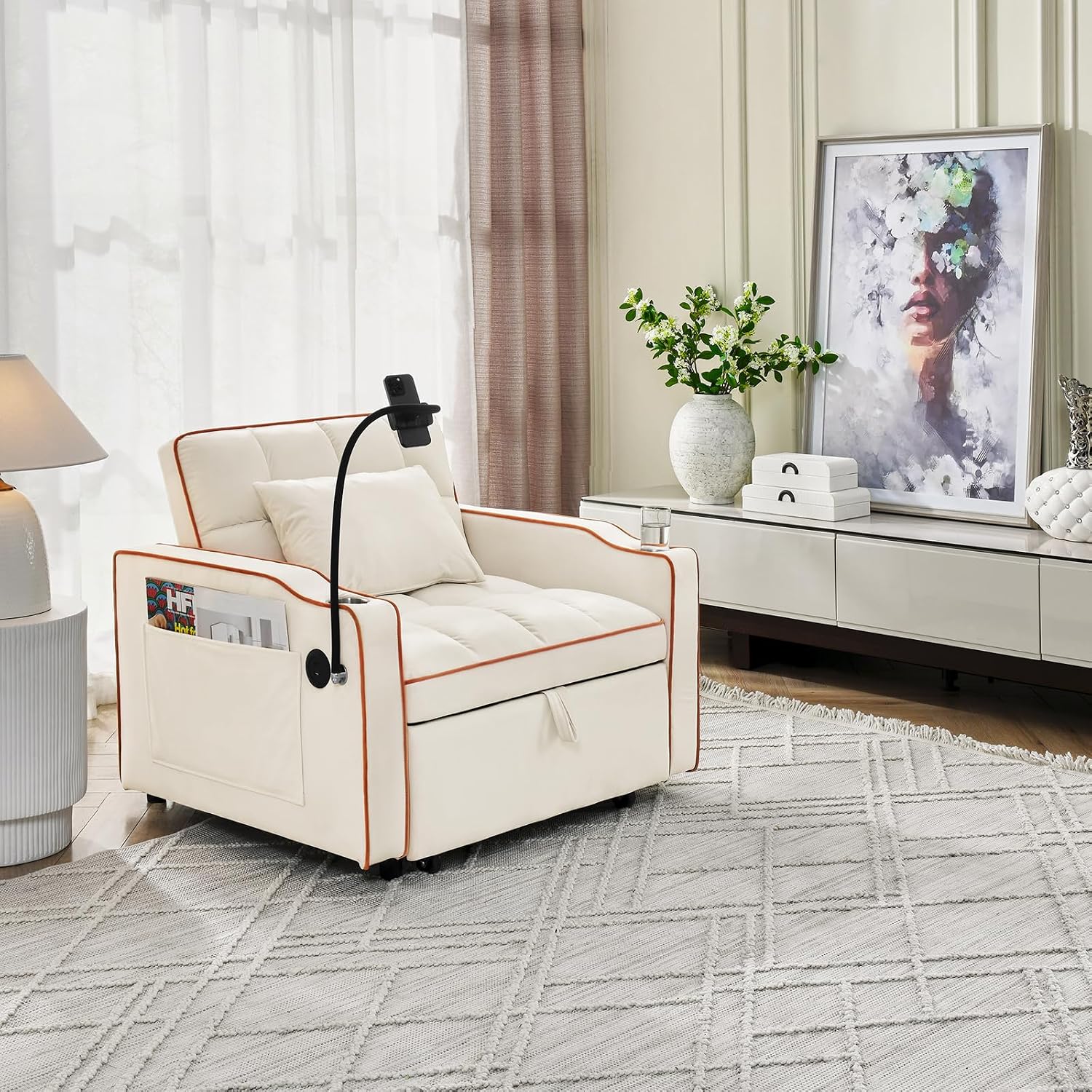 3 in 1 Convertible Sleeper Chair Bed with USB Ports, Cup Holder and Phone Stand, Velvet Pull Out Futon Sofa Beds, Adjustable Backrest Single Sofa Chair for Small Spaces, Living Room, Office (Beige)