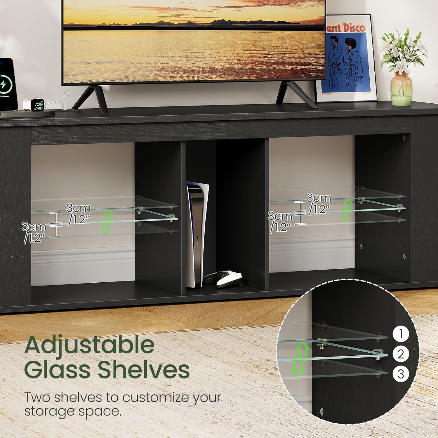 CHOEZON 55' TV Stand for up to 65' TVs with RGB LED Lights, Built-in Power Outlet, Adjustable Glass Shelves & Open Storage, Modern Media Console for Living Room & Game Room, Black MDS05UDBB