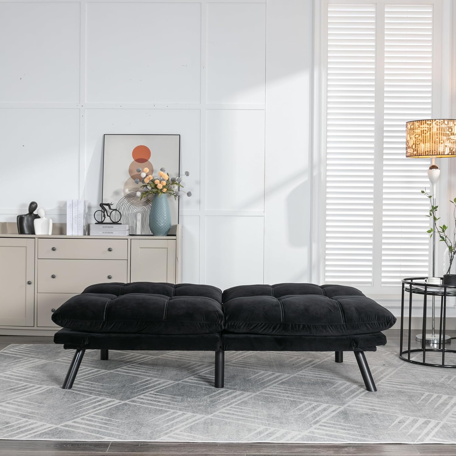 Convertible Futon Sofa Bed for Small Spaces, Modern Multi-Functional Sleeper with Adjustable Backrest, Tufted Brown Fabric Couch for Living Room, Apartment, Dorm (Black)