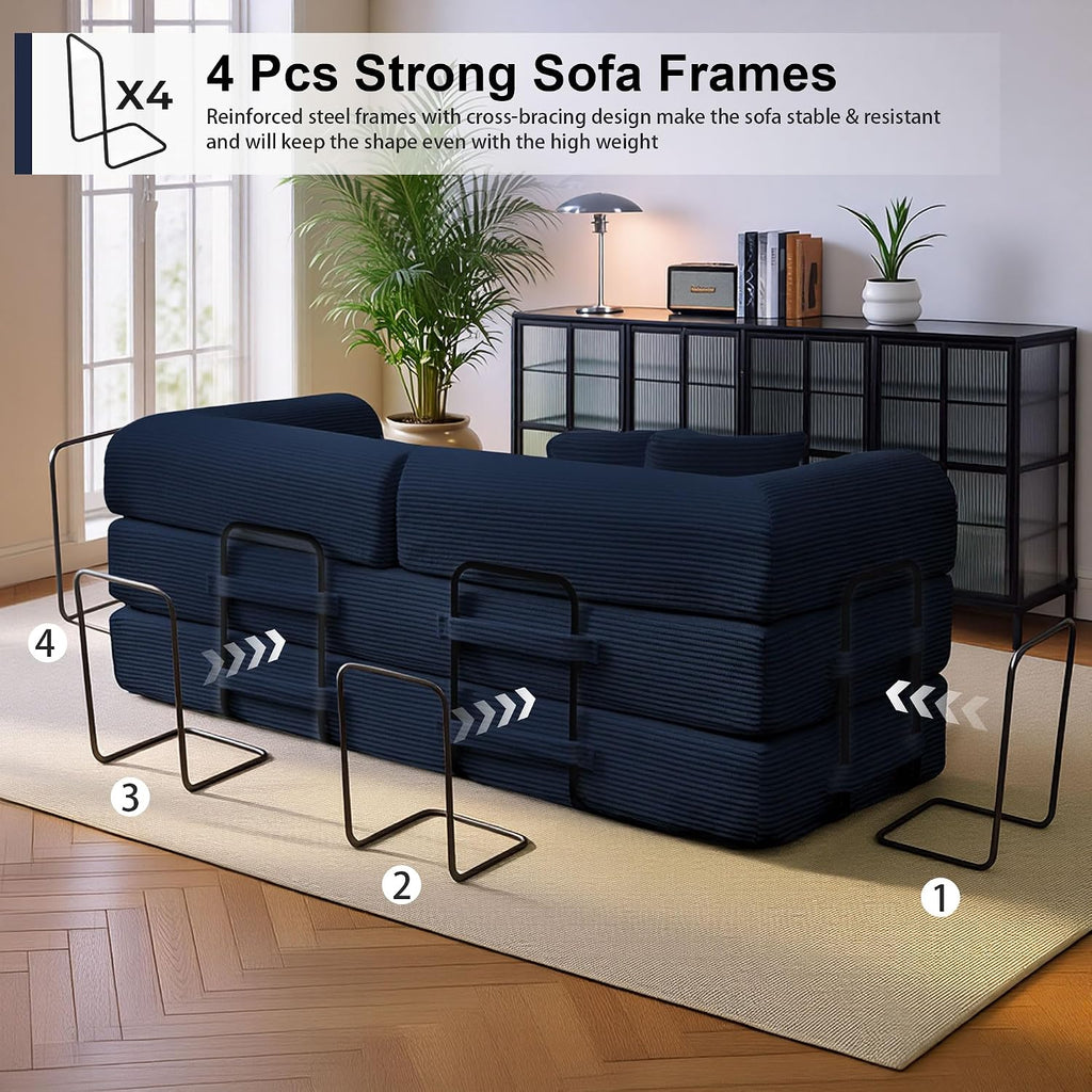 JJJ 78 inch Sofa Bed 4-in-1 Boneless Convertible Corduroy Sleeper Folding Couch with Fixed-Shape Frame and 2 Futons No Assemble Required 3 Seater Upholstered for Living Room (Blue, 78 inch)