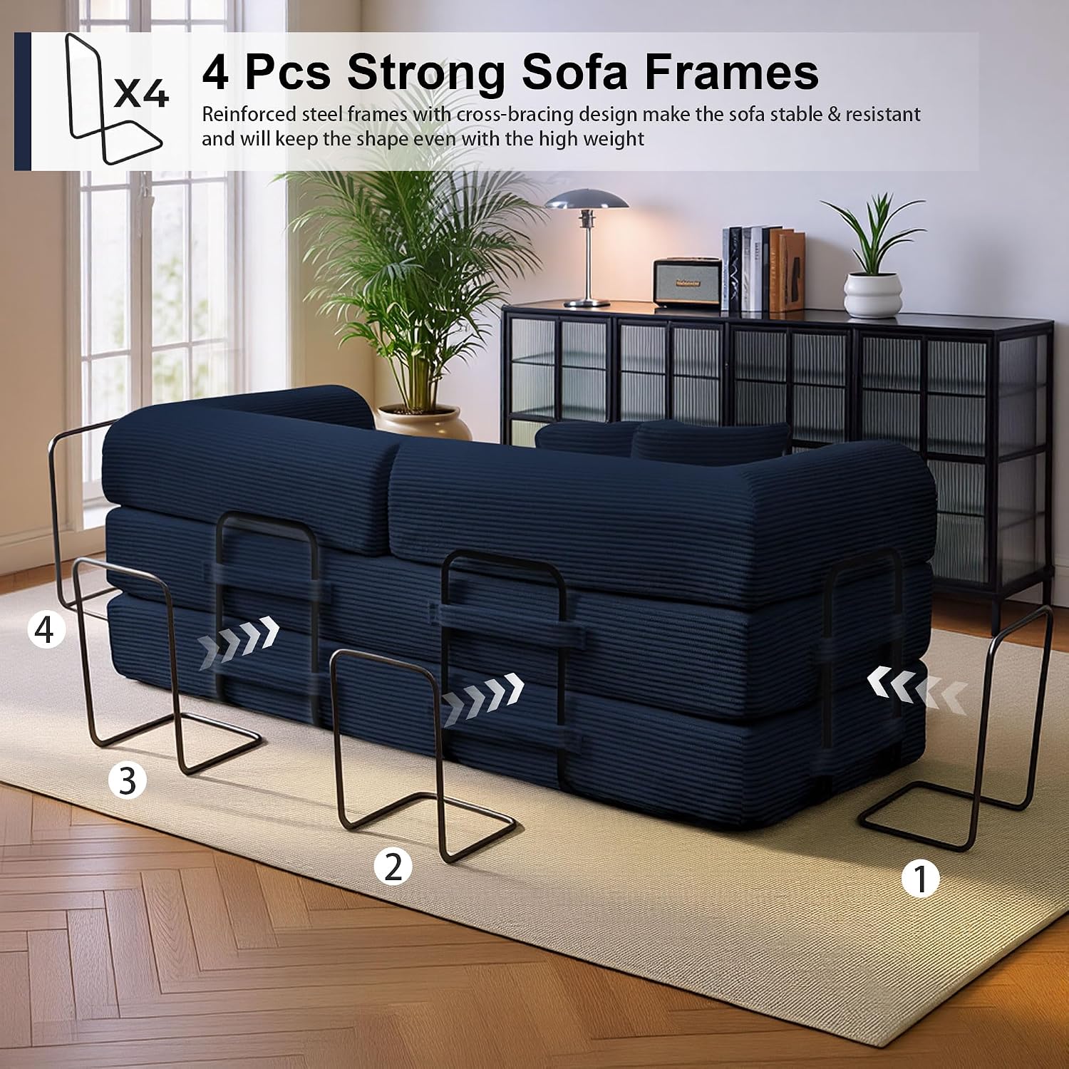 JJJ 78 inch Sofa Bed 4-in-1 Boneless Convertible Corduroy Sleeper Folding Couch with Fixed-Shape Frame and 2 Futons No Assemble Required 3 Seater Upholstered for Living Room (Blue, 78 inch)