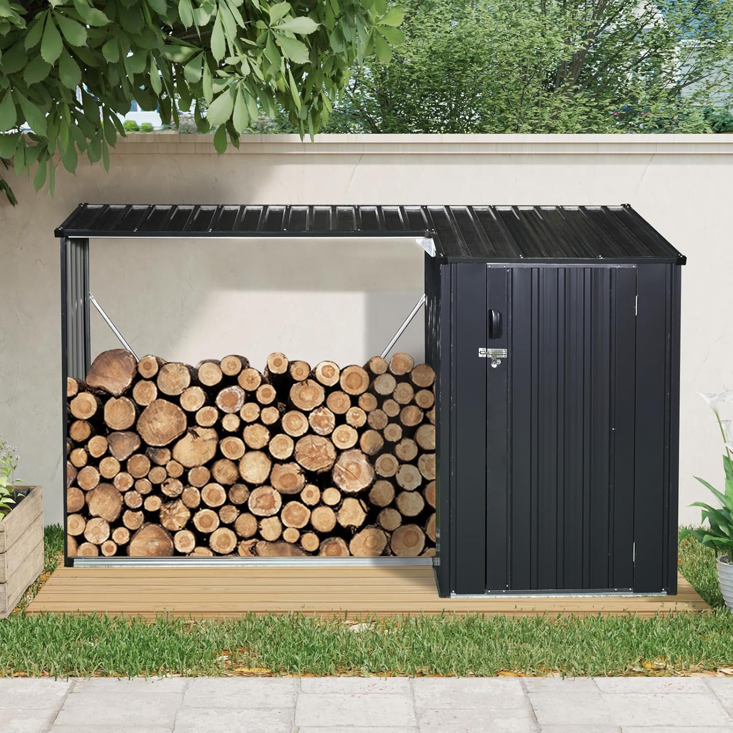 JT 9 x 3 FT Metal Firewood Rack, Galvanised Steel Garden Log Storage Shed, Metal Firewood Shed Holder, Outdoor Log Rack for Backyard, Two-in-One, Black