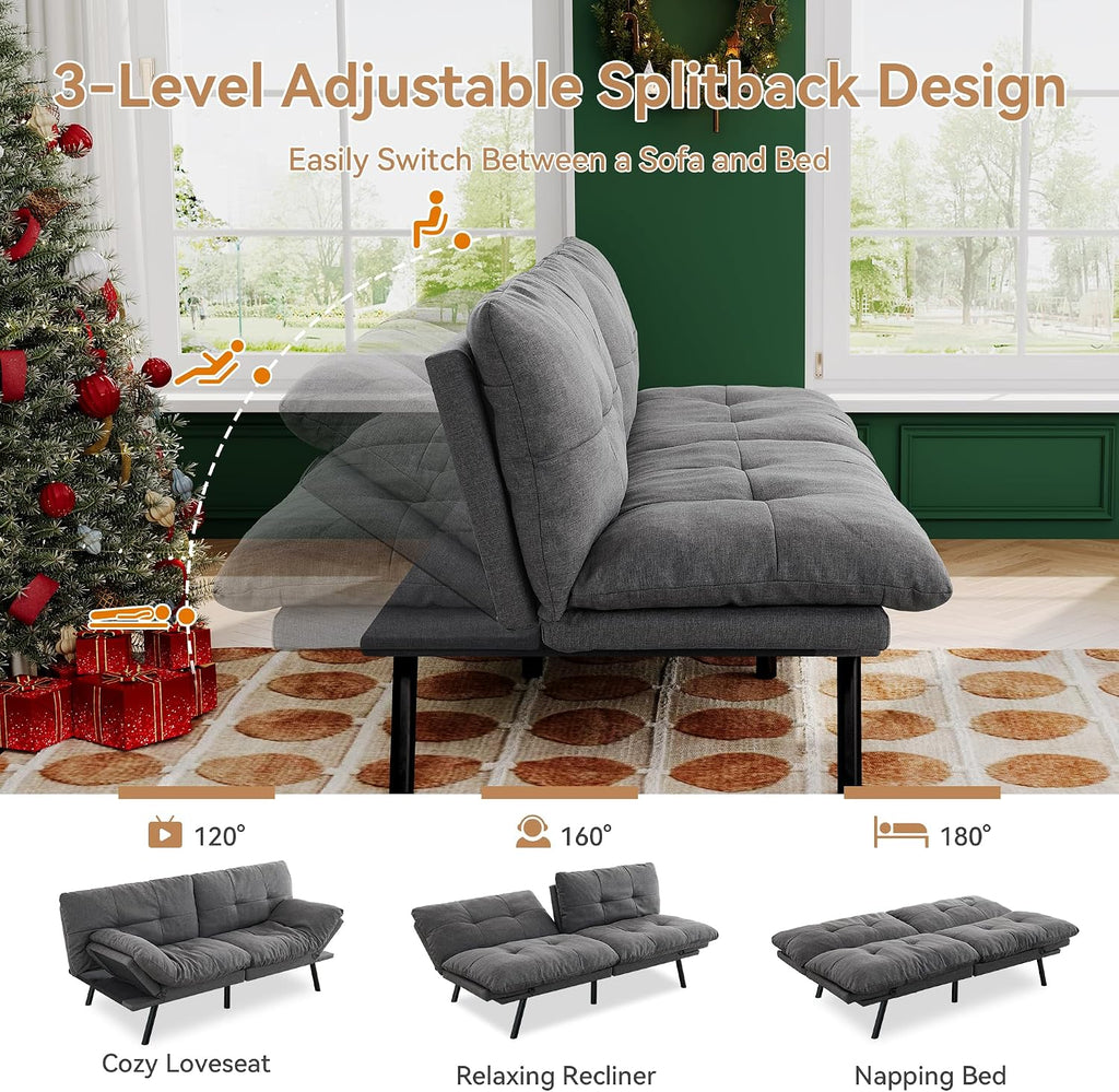 Convertible Futon Sofa Bed,71' Modern Fabric Futon Couch with Adjustable Backrest&Armrest,Small Loveseat Sleeper Sofa,Dorm Futonsofa for Apartment,Living Room,Detachable Cushions,Fog Grey