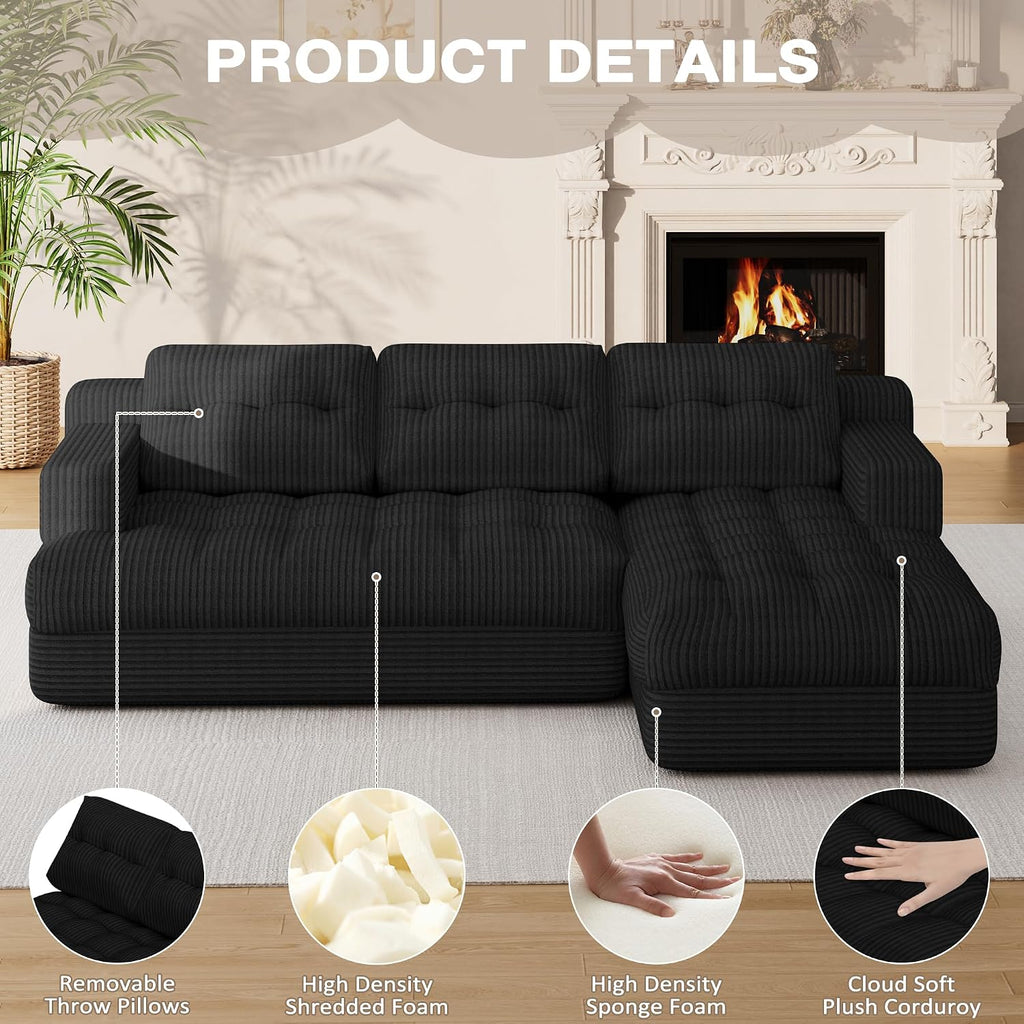 Boneless Couch, 2026 New Boneless Sectional Couch with Deep Seat & Chaise for Small Spaces, Upholstered Cloud Couch Sectional Boneless Couches for Living Room, No Assembly, Right Facing Chaise, Black