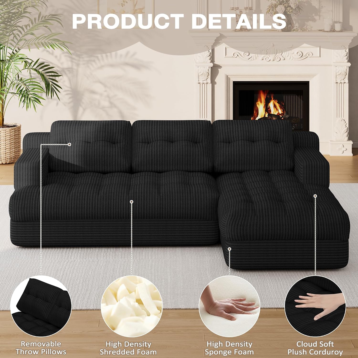 Boneless Couch, 2026 New Boneless Sectional Couch with Deep Seat & Chaise for Small Spaces, Upholstered Cloud Couch Sectional Boneless Couches for Living Room, No Assembly, Right Facing Chaise, Black